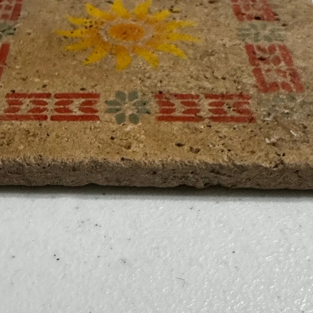 Vintage Travertine Stone Coaster Sunburst Sun Geometric Red Green Tan 6 x 6 Tile